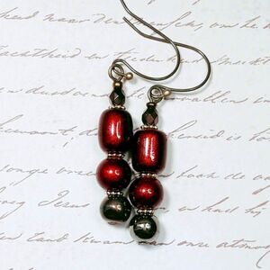 Burgundy Glass Antique.Bronze Hooks Hidden Meaning earrings Brooched , Gli  454■